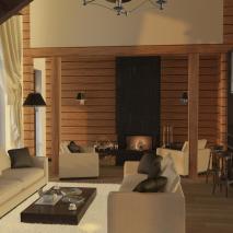 Интерьер гостиной в стиле модернизм в доме из бруса.